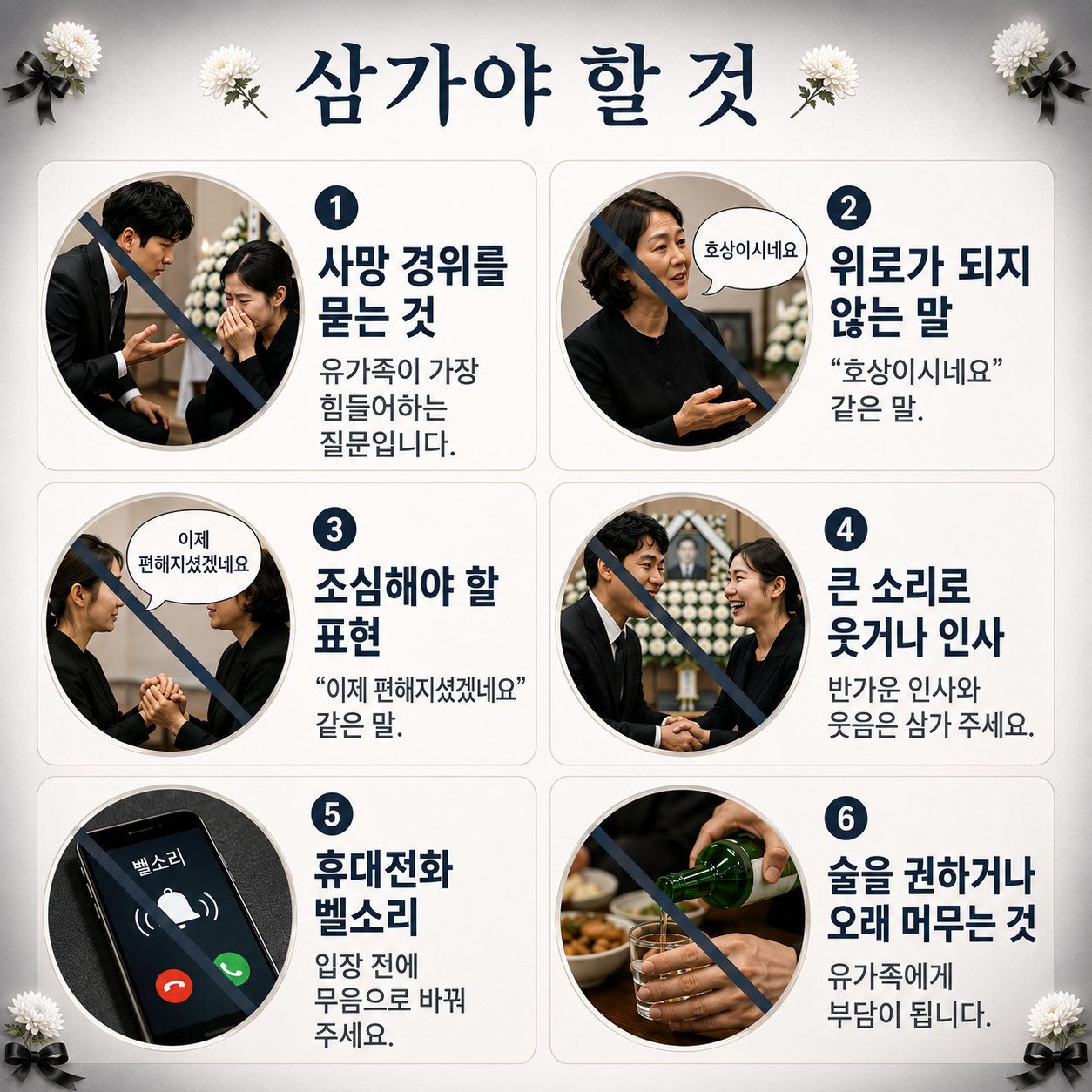 조문 시 삼가야 할 여섯 가지. 사망 경위를 묻는 것, 호상이시네요 같은 위로가 되지 않는 말, 이제 편해지셨겠네요 같은 표현, 큰 소리로 웃거나 인사하는 것, 휴대전화 벨소리, 술을 권하거나 오래 머무는 것.